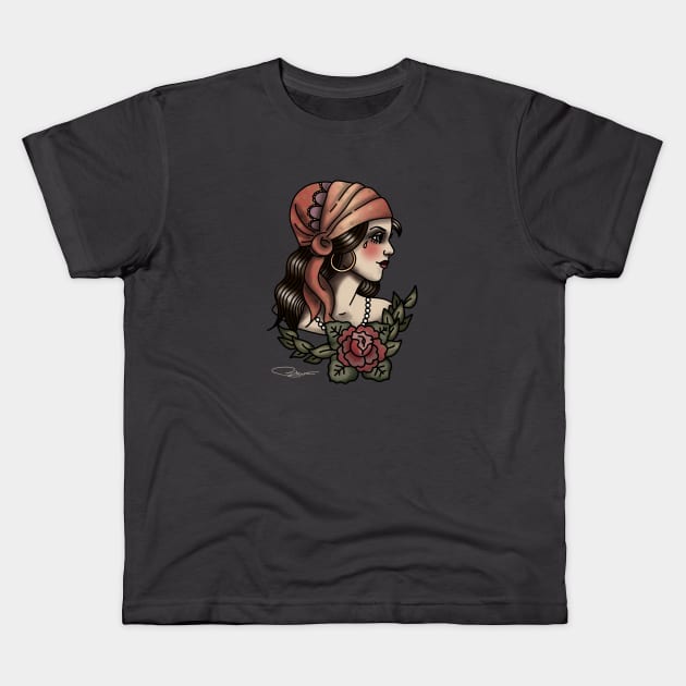 Retro Gypsy Tattoo Art Kids T-Shirt by PopArtCult